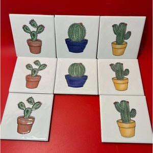 Mexican Tiles Set of 8 for Kitchen or Bathroom Cactus Ceramic Glazed 3 Patterns